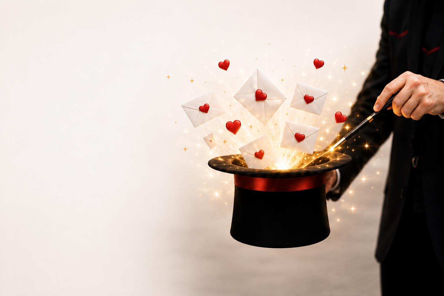 Sombrero de mago con cartas, corazones y destellos mágicos